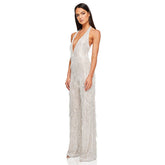 Glitzernder Pailletten Fransen Tiefer Ausschnitt Rückenfreier Party-Jumpsuit mit weitem Bein - Silber